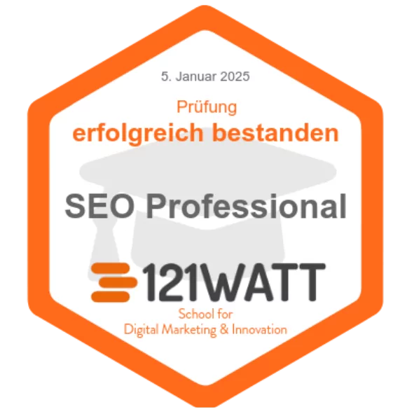 Ein Badge, das den erfolgreichen Abschluss der SEO Professional-Prüfung von 121WATT am 5. Januar 2025 bestätigt.