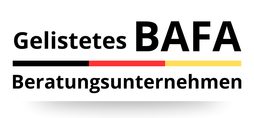 Logo &bdquo;Gelistetes BAFA Beratungsunternehmen&ldquo; mit Deutschland-Farbbalken &ndash; Kennzeichnung der F&ouml;rderf&auml;higkeit von Beratungsleistungen bei WerbeWeltWeerts.