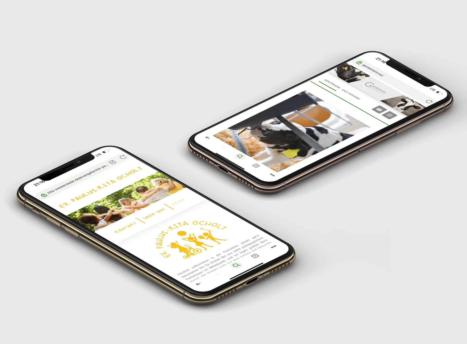 Zwei Smartphones zeigen die Websites von EV Pauli-Kita Ocholt und Gentemann auf verschiedenen Bildschirmansichten.