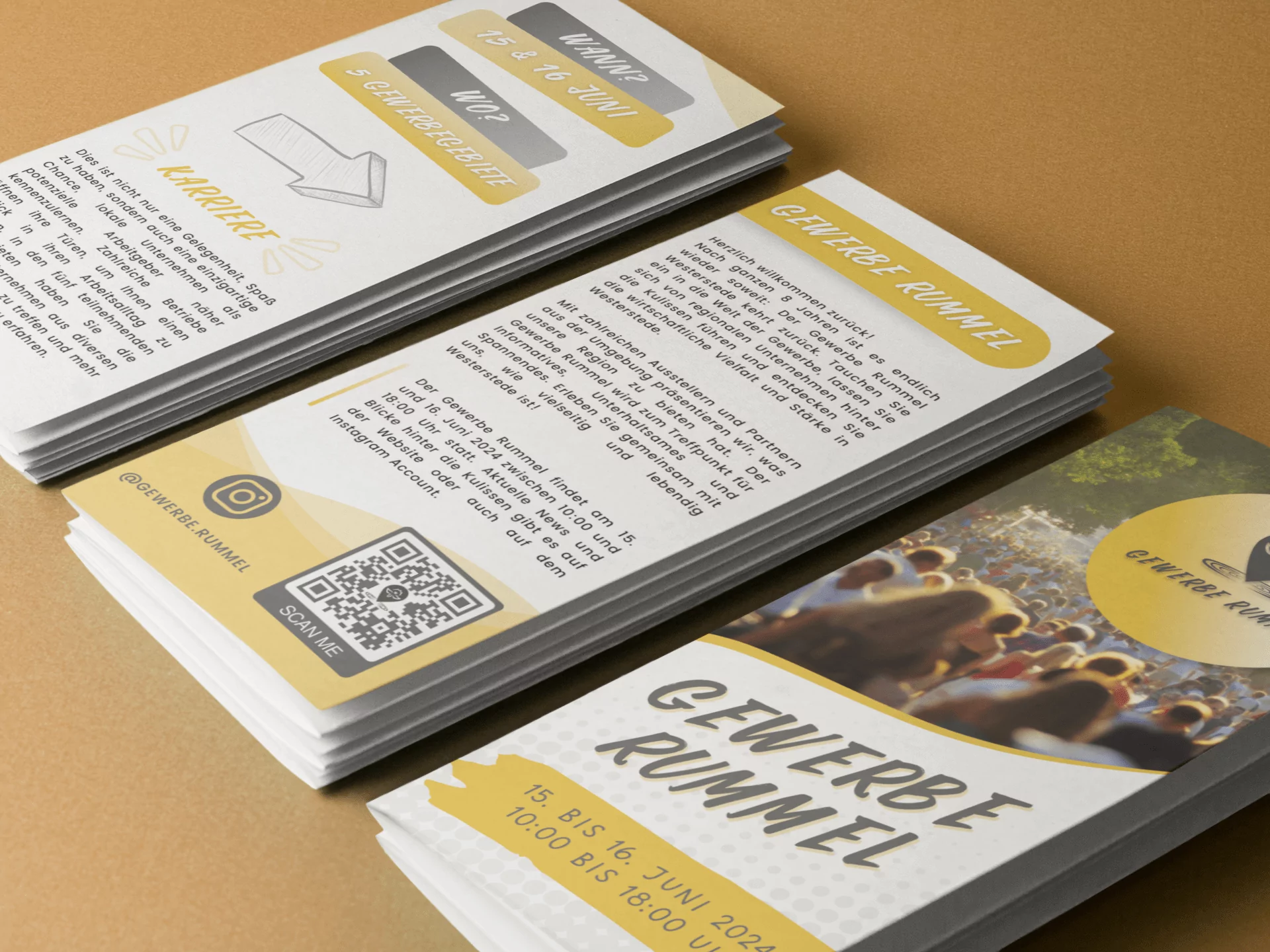 Flyerstapel des Gewerbe Rummels für die Veranstaltung am 15. und 16. Juni 2024 in Westerstede.