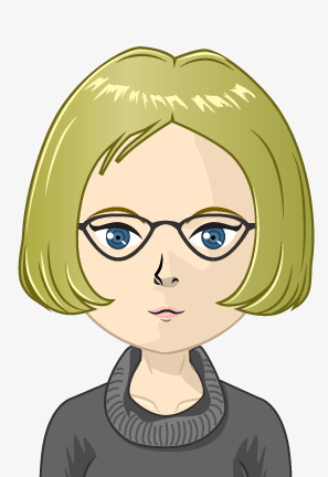 Das Bild zeigt eine Cartoon-ähnliche Darstellung einer Frau mit kurzen blonden Haaren, Brille und einem grauen Pullover. Der Stil erinnert an eine digitale Avatare oder eine Avatar-Darstellung.