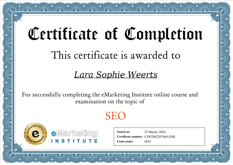 SEO Agentur Westerstede 4 Zertifikat des eMarketing Institute für den erfolgreichen Abschluss des SEO-Kurses durch Lara Sophie Weerts am 25. März 2024.