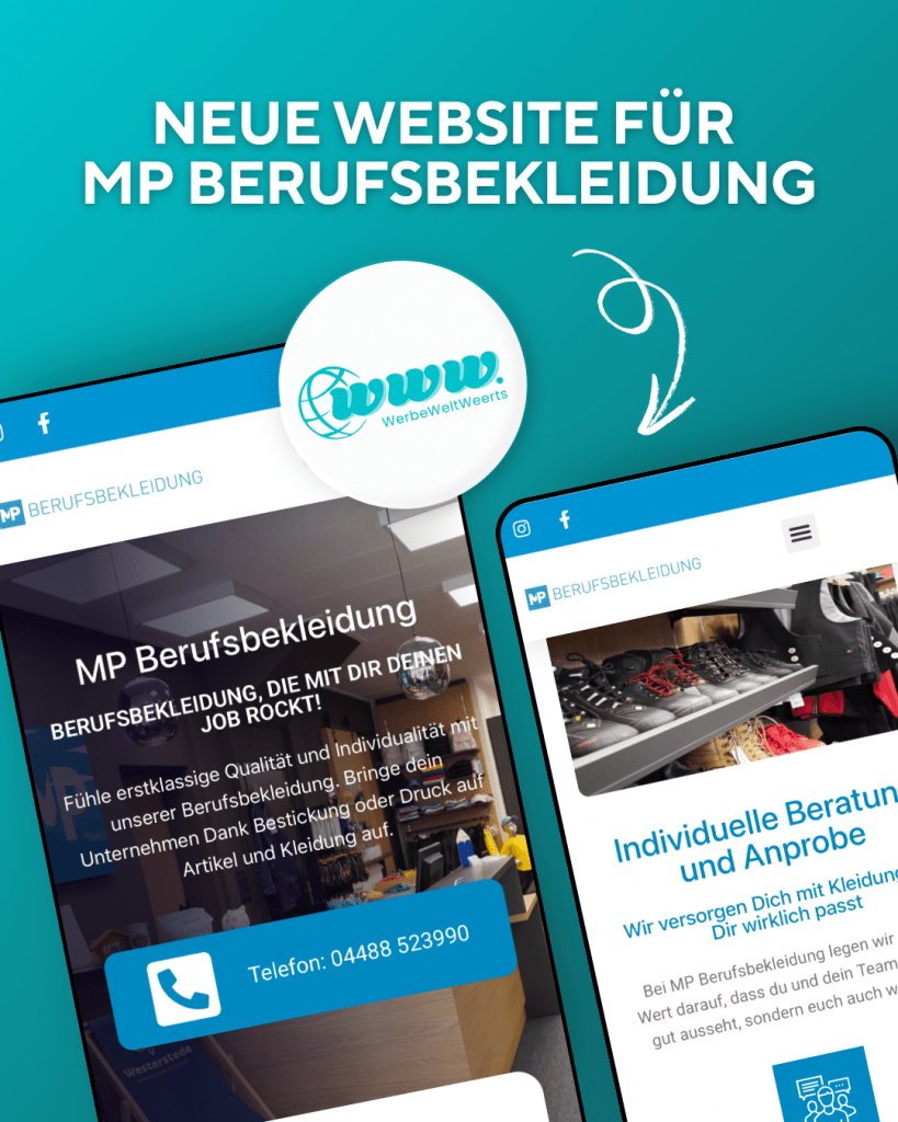 Mockup einer modernen Website für MP Berufsbekleidung mit Fokus auf Benutzerfreundlichkeit, Responsive Design und klarer Markenkommunikation.